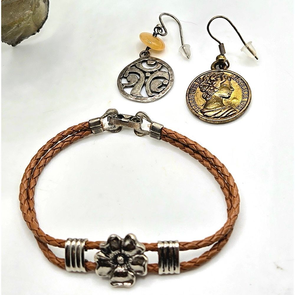 "5/$25" Small Leather Flower Bracelet & Mismatched Coin Disc Dangle Earrings